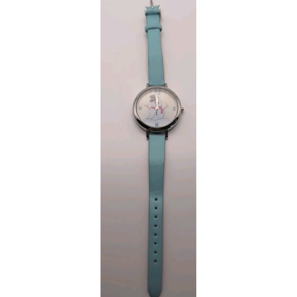 Women Christmas Snowman FMD Watch Silver‎ Tone Case Light Blue Faux Leather Band